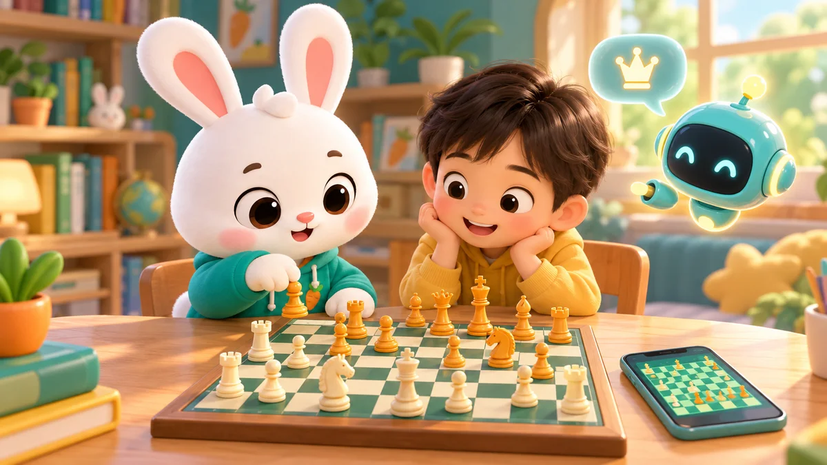 Minh hoạ cha mẹ và bé cùng ngồi bên bàn cờ vua