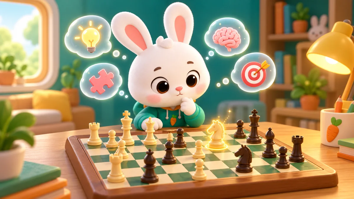 Minh hoạ bé đang suy nghĩ trước bàn cờ vua