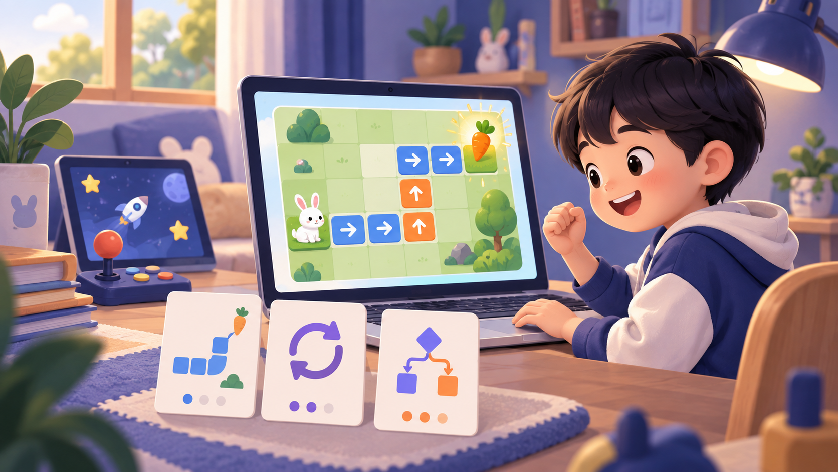 Bé giải thử thách lập trình bằng các khối lệnh để đưa thỏ đến củ cà rốt; cạnh bên là màn hình game vui nhộn