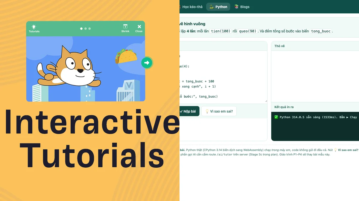 Giao diện hướng dẫn Scratch và bài học Python thực tế trên Karotto