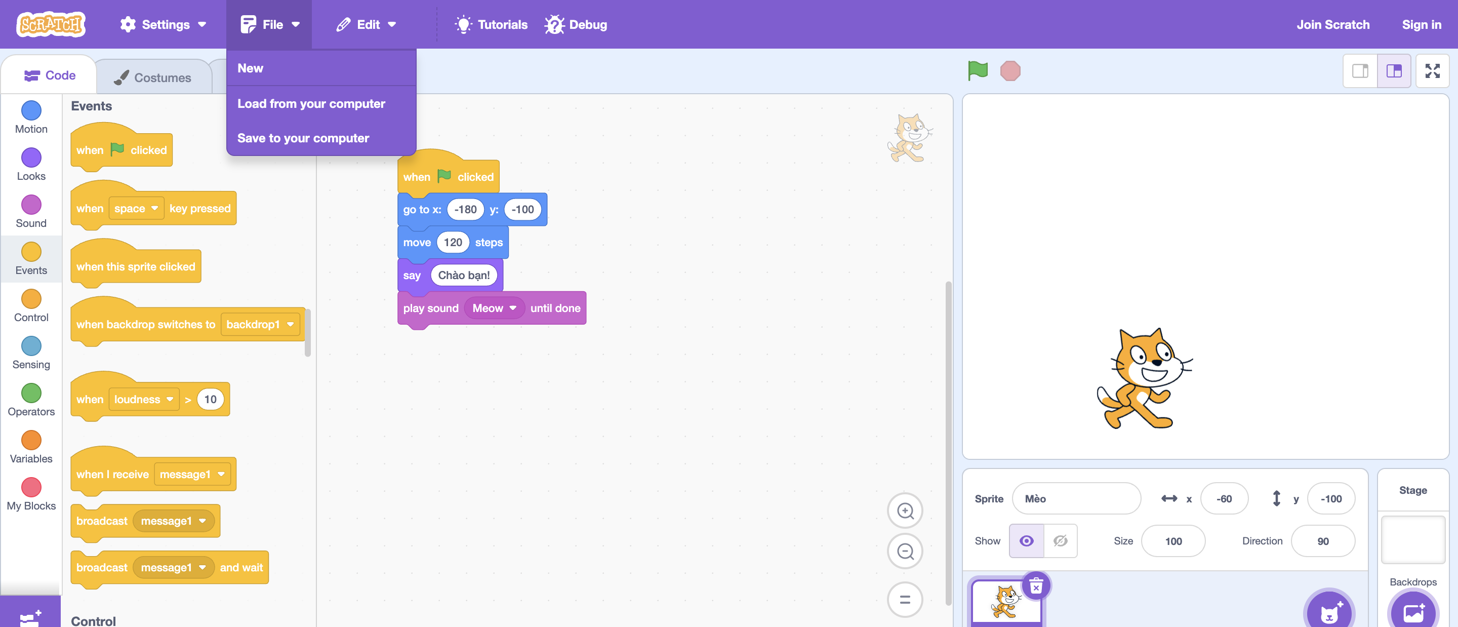 Gắn block phát âm thanh Meow sau lời chào.