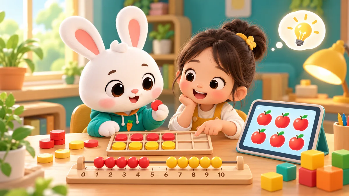 Minh hoạ Thỏ Bông và bé gái học đếm bên bàn tính hạt, khay số và máy tính bảng