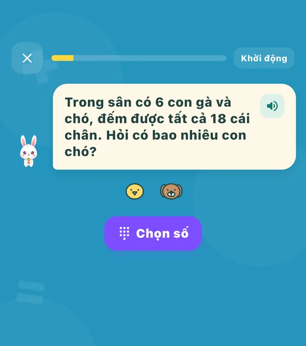 Bài toán có lời văn: trong sân có 6 con gà và chó, đếm được tất cả 18 cái chân, hỏi có bao nhiêu con chó