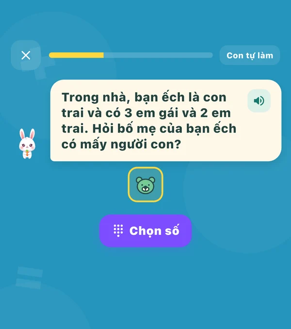 Câu logic trong app Karotto: bạn ếch là con trai, có 3 em gái và 2 em trai, hỏi bố mẹ bạn ếch có mấy người con