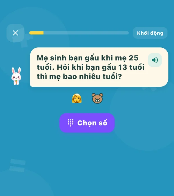 Câu tính tuổi trong app Karotto: mẹ sinh bạn gấu khi mẹ 25 tuổi, hỏi khi bạn gấu 13 tuổi thì mẹ bao nhiêu tuổi
