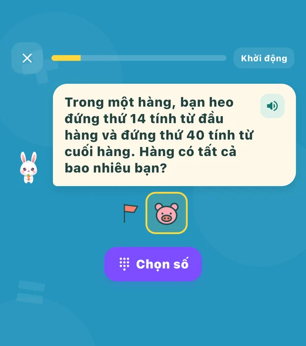 Câu hỏi trong app Karotto: Trong một hàng, bạn heo đứng thứ 14 từ đầu hàng và đứng thứ 40 tính từ cuối hàng. Hàng có tất cả bao nhiêu bạn?
