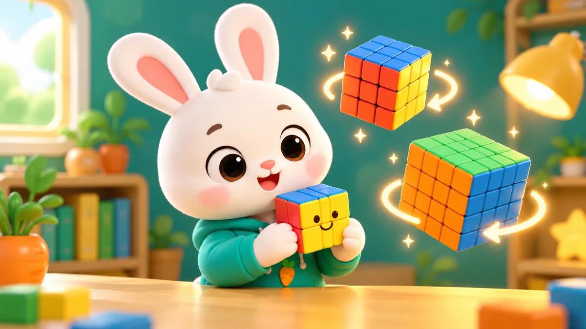 Minh hoạ Thỏ Bông cầm khối lập phương 2x2, bên cạnh là khối 3x3 và 4x4 đang xoay